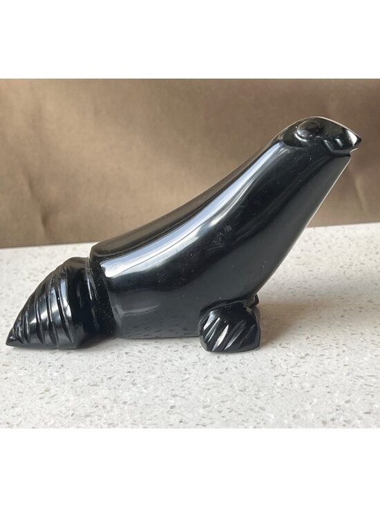 Hand-Carved Other - Hand Carved Sea Lion Sculpture Onyx Black Collectible 4.5" Long Approx. Gift Dad